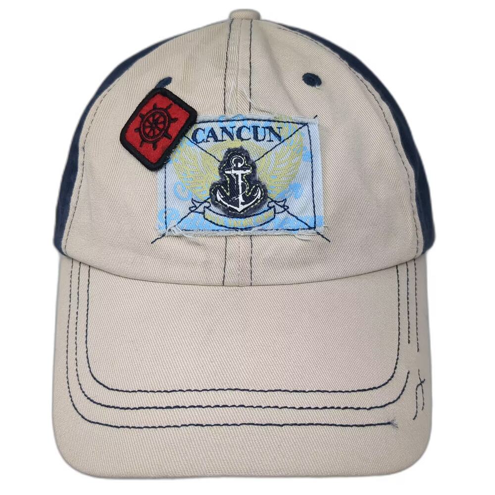 Caribbean Side Cancun Anchor Hat Baseball Cap Beige Blue OS Slideback Cotton
